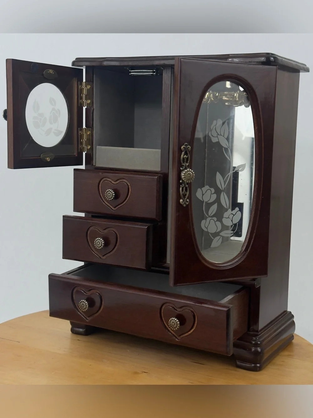 Wooden Heart-Drawer Jewelry Box with Mirrored Door - Dark Brown